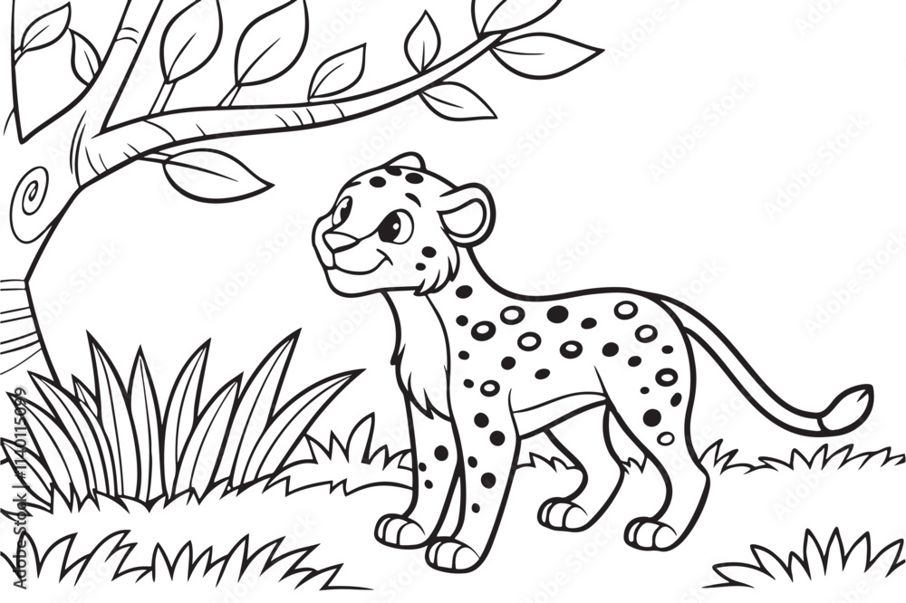 Fototapeta premium cute Leopard, some grass and a tree, coloring book
