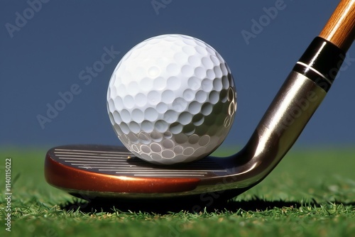 Close up of a golf ball on a tee with a shiny clubhead in sunlit green golf course atmosphere photo