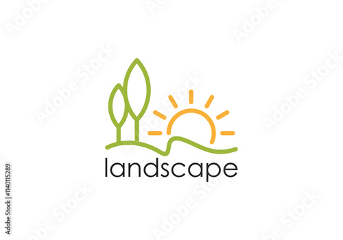 landscape with sun logo, creative agriculture design symbol template	
