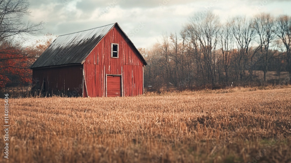 Red barn standing in harvested field during autumn season Red barn standing in harvested field during autumn season