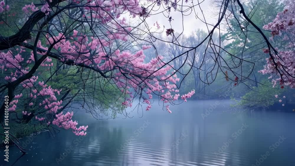 Tranquil Cherry Blossom Reflection on a Misty Lake, a Peaceful Spring Mood with Soft Hues Tranquil Cherry Blossom Reflection on a Misty Lake, a Peaceful Spring Mood with Soft Hues