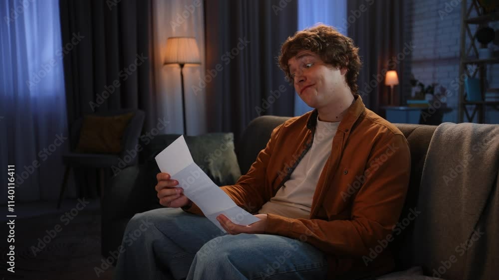 Young man spending evening at home sitting on sofa in living room, reads rent bill, opens wallet looks for cash, no money empty wallet, hopeless clueless expression. Young man spending evening at home sitting on sofa in living room, reads rent bill, opens wallet looks for cash, no money empty wallet, hopeless clueless expression.