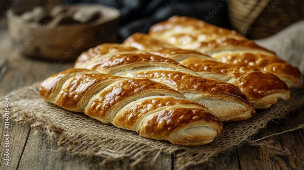 Fresh bakery pastries arranged on a rustic wooden table Fresh bakery pastries arranged on a rustic wooden table