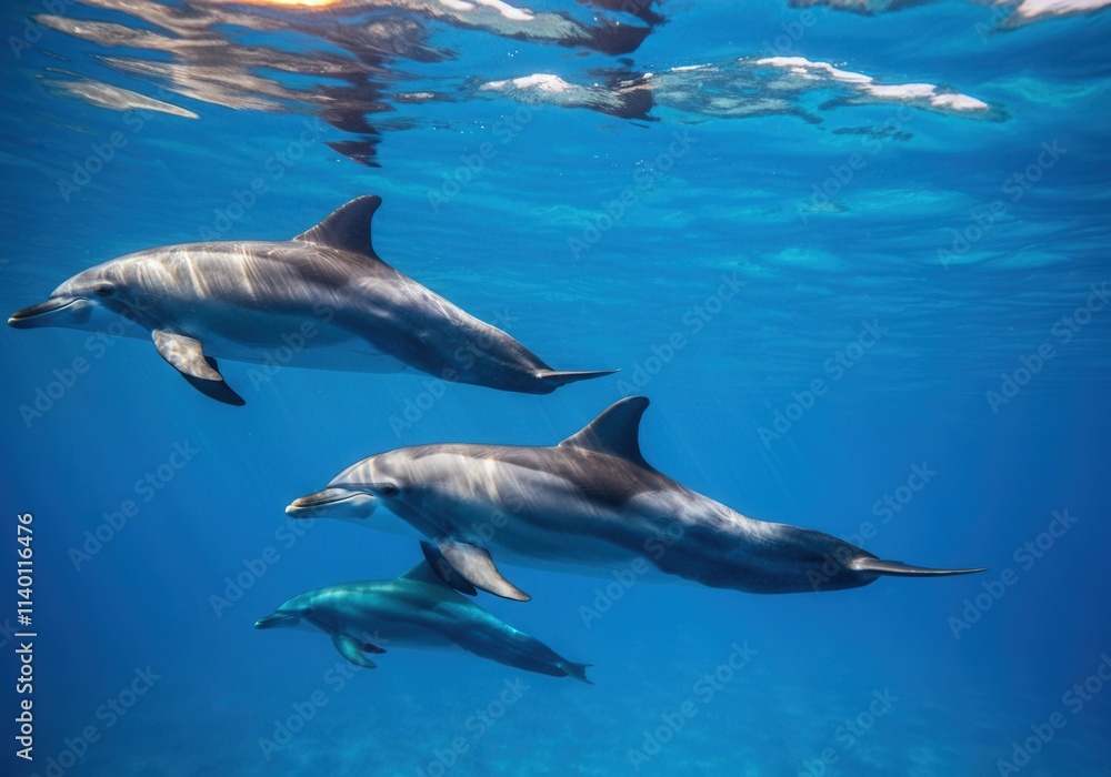 Fototapeta premium Three dolphins are swimming in crystal-clear blue ocean water