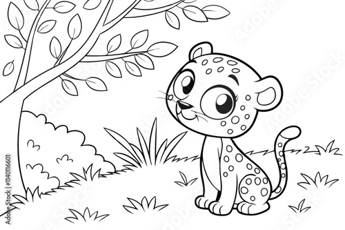 cute Leopard, some grass and a tree, coloring book