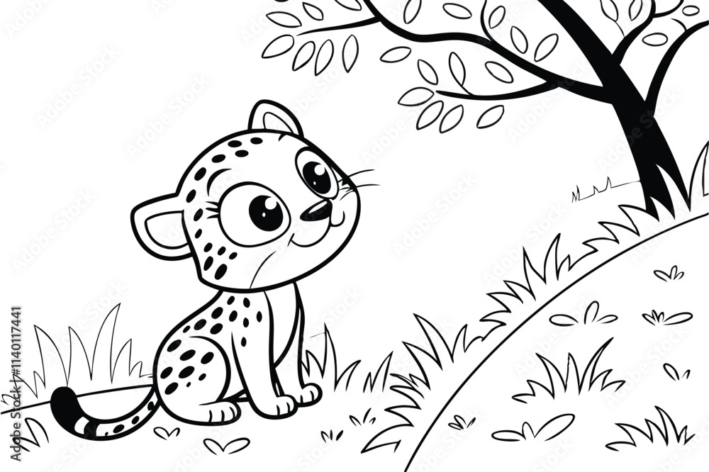 Fototapeta premium cute Leopard, some grass and a tree, coloring book