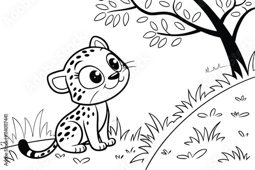 cute Leopard, some grass and a tree, coloring book