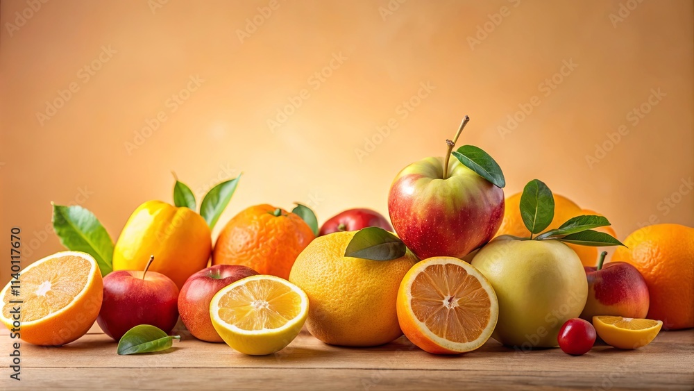 A vibrant arrangement of fresh citrus fruits and apples on a wooden surface A vibrant arrangement of fresh citrus fruits and apples on a wooden surface