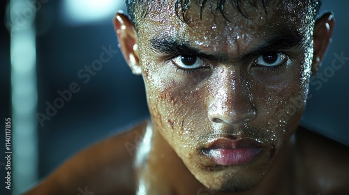 Intense muay thai fight close-up training gym action photography high-energy environment fighter's perspective bruised and sweaty details for impactful visual storytelling photo