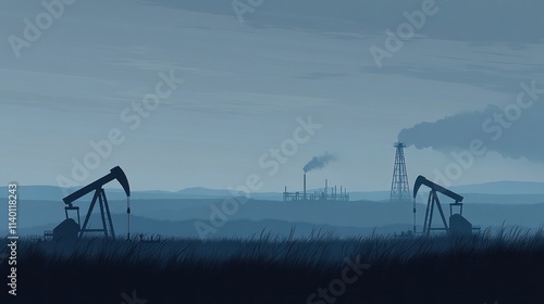 Oil pumps and refinery at dusk. photo