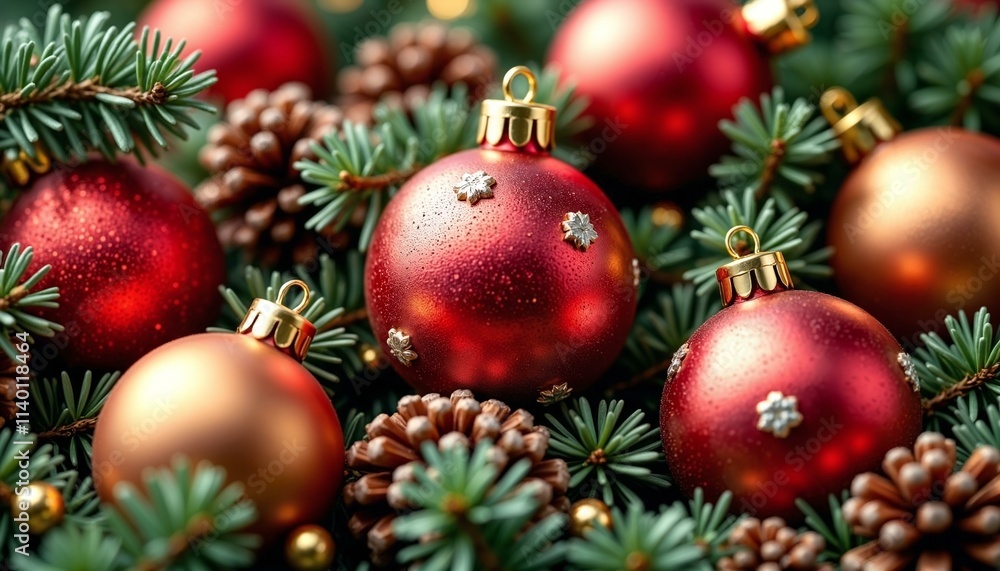 Close-up of intricately designed Christmas ornaments with red and gold baubles Close-up of intricately designed Christmas ornaments with red and gold baubles
