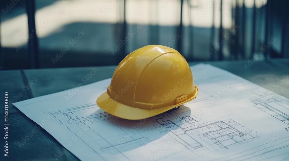 Yellow hard hat on blueprints outdoors. Yellow hard hat on blueprints outdoors.