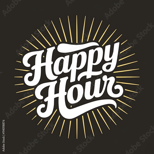Happy Hour logo with celebration confetti Icon black background. Happy hour Chalkboard handwritten sign. Happy hour sticker, label, badge, poster, banner.