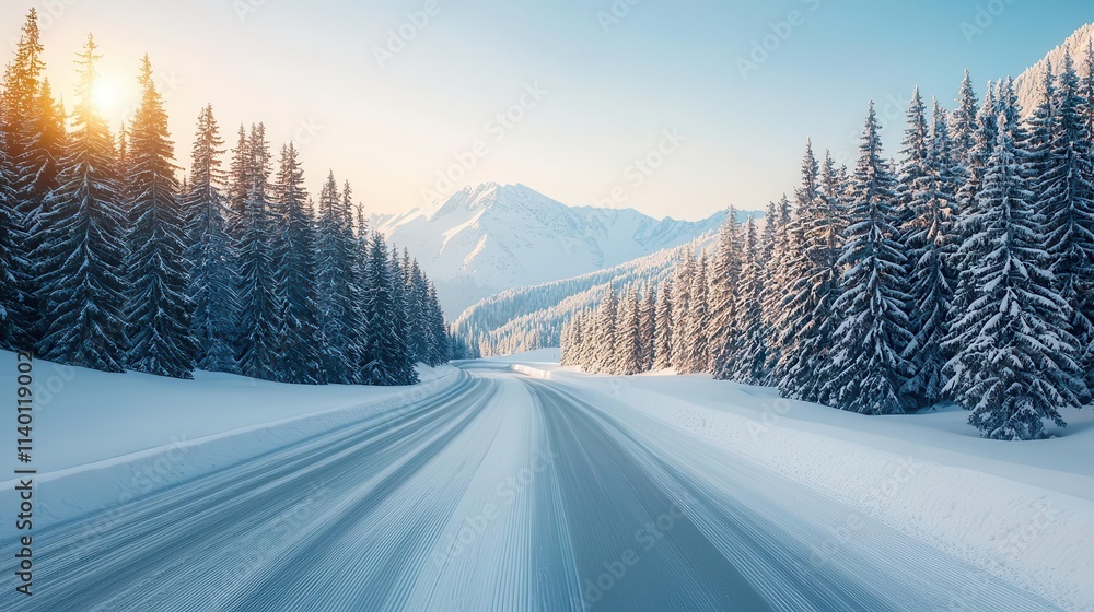 Obraz premium Empty road snowy mountain, highway with pine trees covered in frost under a brilliant winter sun