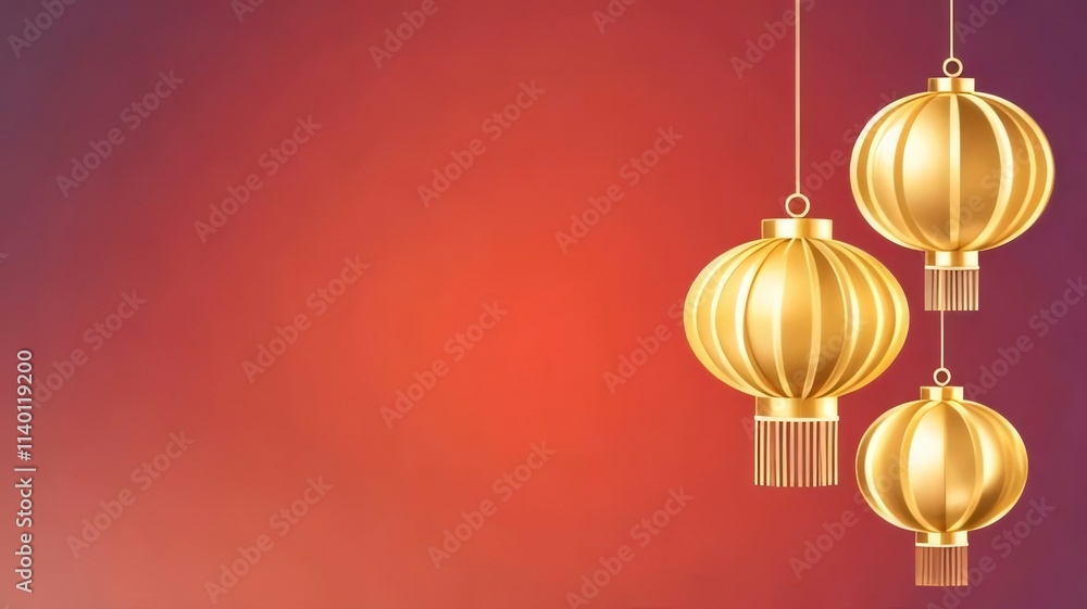 Three golden lanterns hanging against a red background. Three golden lanterns hanging against a red background.