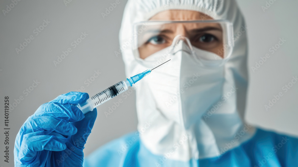 healthcare worker in PPE holding syringe, focused expression, blurred background for privacy, high quality image with perfect lighting and composition healthcare worker in PPE holding syringe, focused expression, blurred background for privacy, high quality image with perfect lighting and composition