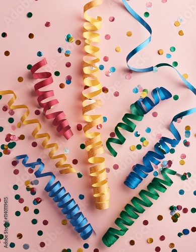 Top view of colorful paper serpentines and confetti for Carnival on pale pink background. Generated image photo