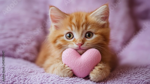 A lovely ginger kitten holding a pink heart, st valentine day concept