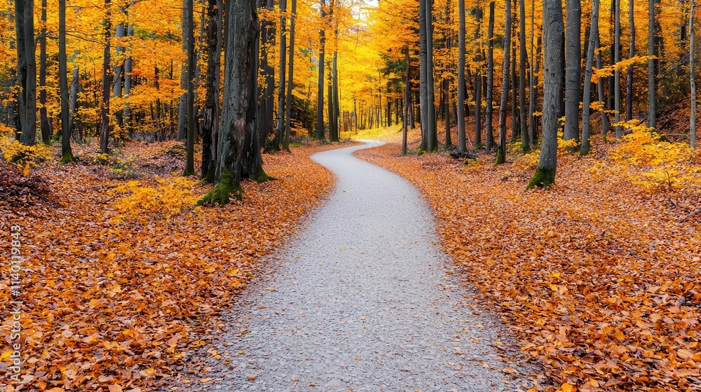Empty road, Leaf-covered pathway winds through a vibrant autumn forest Empty road, Leaf-covered pathway winds through a vibrant autumn forest