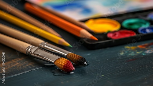 A close-up of two paintbrushes, a watercolor palette, and colored pencils on a dark wood surface, suggesting the artistic process.