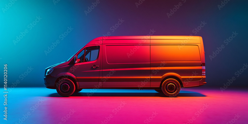 A sleek delivery van illuminated in vibrant colors. A sleek delivery van illuminated in vibrant colors.