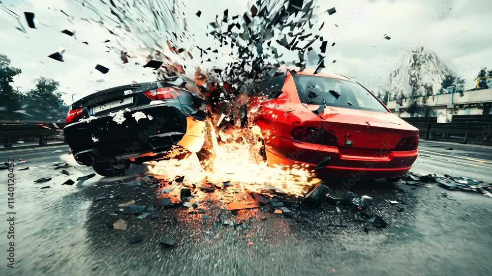A car accident scene with a red car and a black car. The red car is on ...