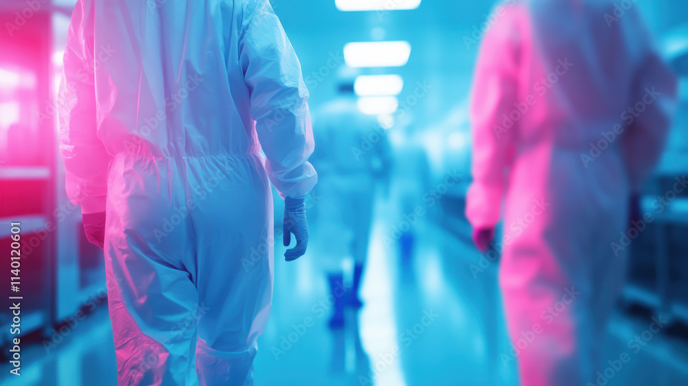 sterile lab environment with professionals in white suits walking, showcasing precise pipetting process. lighting creates vibrant atmosphere, emphasizing tools and space sterile lab environment with professionals in white suits walking, showcasing precise pipetting process. lighting creates vibrant atmosphere, emphasizing tools and space
