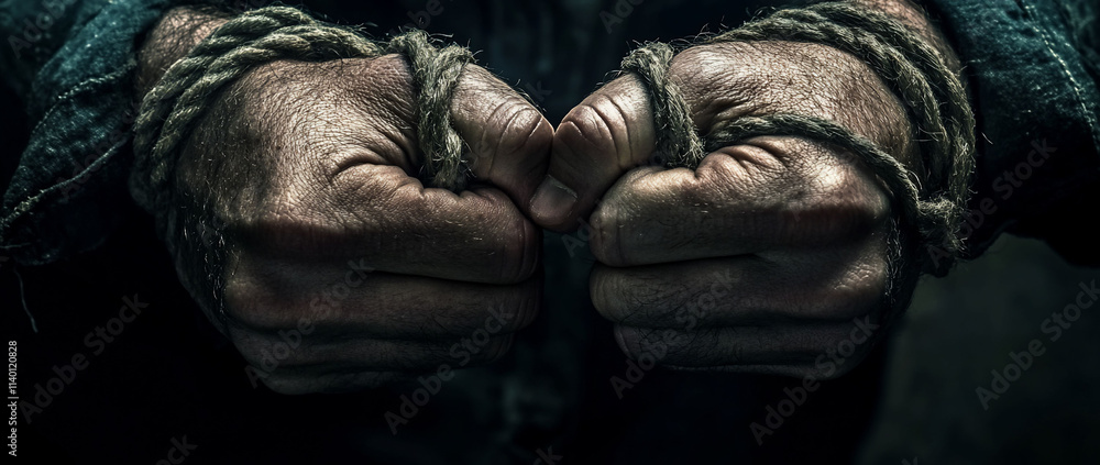 Hands bound with rope, suggesting captivity or struggle. Hands bound with rope, suggesting captivity or struggle.