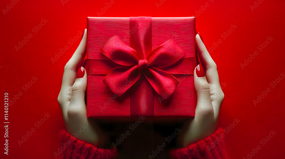Female hands holding small red gift box with red bow on red background with copy space. Female hands holding small red gift box with red bow on red background with copy space.