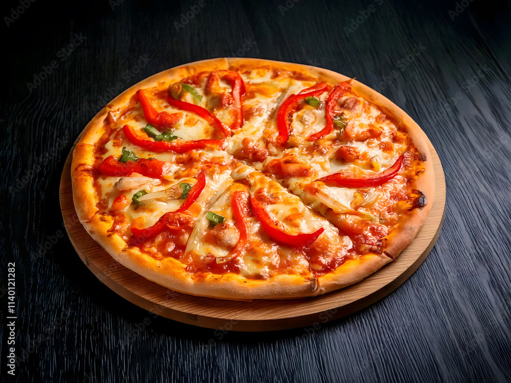 a pizza with a green pepper on it sits on a wooden plate. a pizza with a green pepper on it sits on a wooden plate.