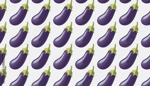 Seamless pattern with purple eggplants on white background.