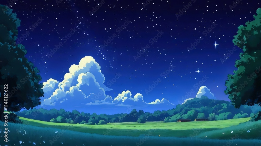 Starry night sky over a tranquil green field and trees. Starry night sky over a tranquil green field and trees.
