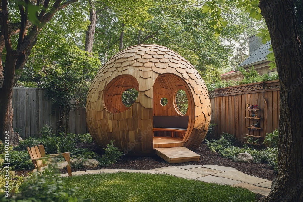 Naklejka premium Wooden egg-shaped garden structure with bench.
