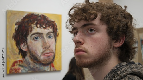 Young man with curly brown hair gazes intently at a portrait in a gallery.