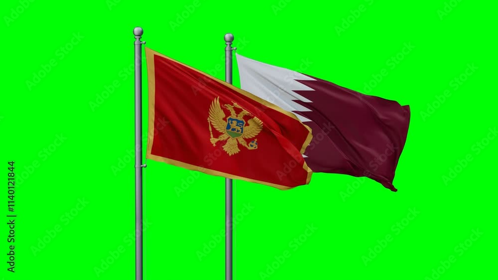 Qatar and Montenegro flags flying together, video concept of the relationship with colored chroma key for easy background remove, two country cooperation concept