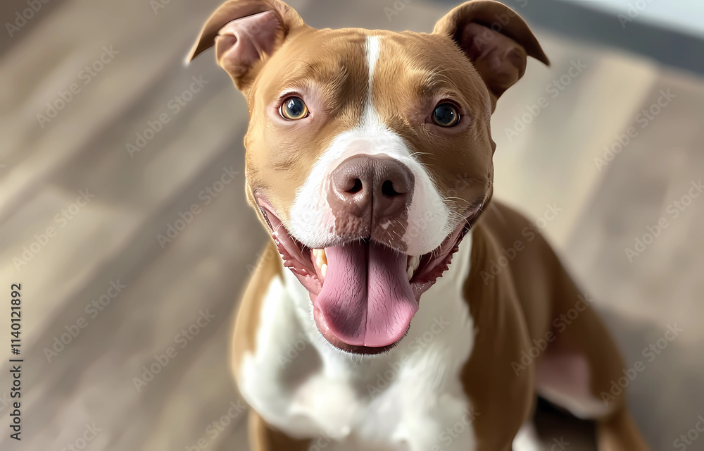 A brown and white dog is sitting on a wooden floor and smiling A brown and white dog is sitting on a wooden floor and smiling