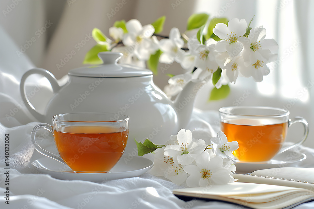 Tranquil morning tea scene with blooming white flowers, teapot, and cups on a soft fabric. Perfect for relaxation, peace, and spring themes. Tranquil morning tea scene with blooming white flowers, teapot, and cups on a soft fabric. Perfect for relaxation, peace, and spring themes.