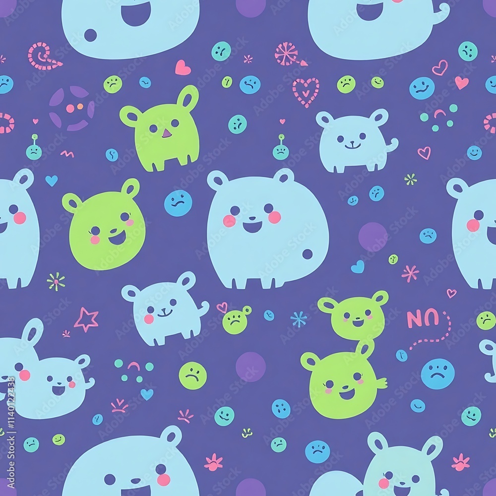 Fototapeta premium Happy Animal Friends Seamless Pattern: A cheerful and playful seamless pattern featuring adorable cartoon animals in a vibrant blue and green color palette, perfect for kids' clothing, home décor.