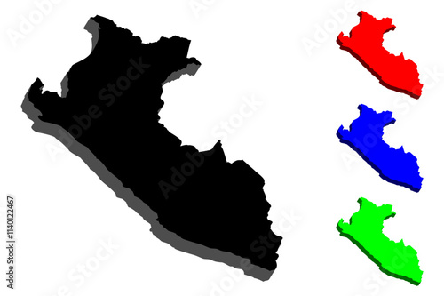 3D map of Peru (Republic of Peru) - black, red, blue and green - vector illustration