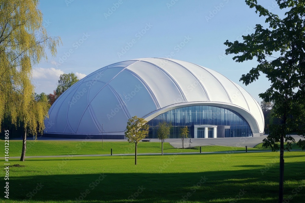 Obraz premium Modern dome building, grassy landscape, sunny day.