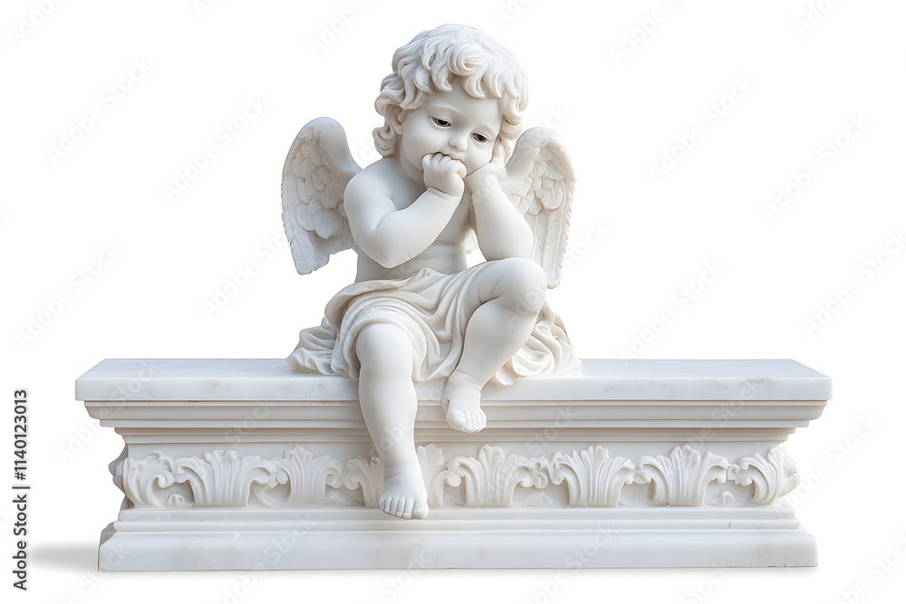White marble statue of sitting cherub, isolated on white background White marble statue of sitting cherub, isolated on white background
