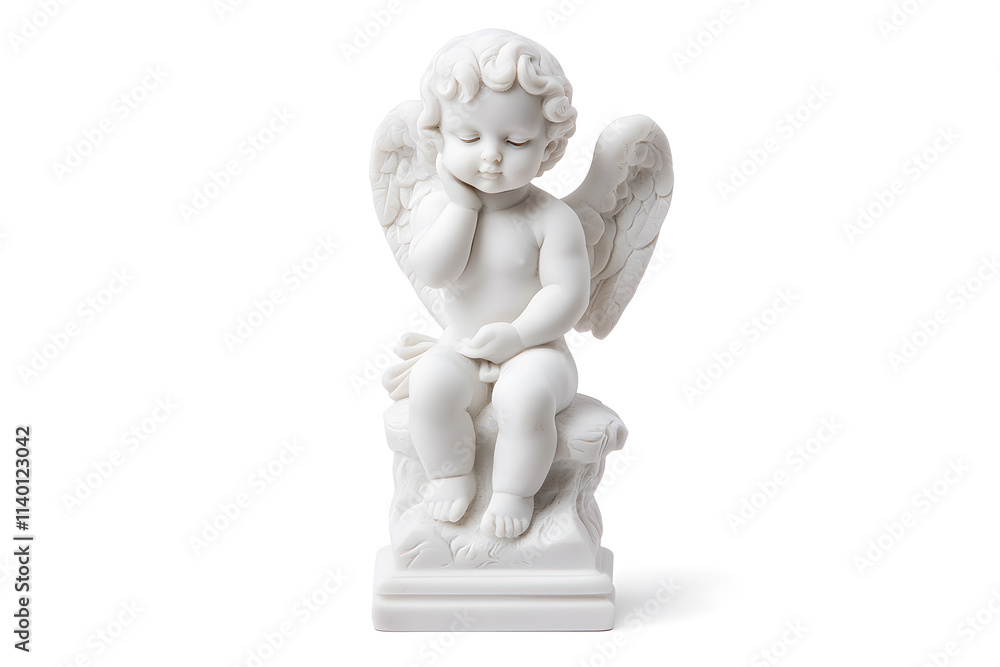 White marble statue of sitting cherub, isolated on white background White marble statue of sitting cherub, isolated on white background