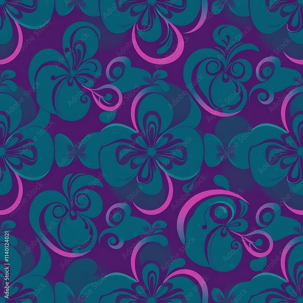 Purple and Teal Floral Pattern: A vibrant seamless pattern featuring stylized flowers and swirls in a captivating blend of purple and teal hues. Purple and Teal Floral Pattern: A vibrant seamless pattern featuring stylized flowers and swirls in a captivating blend of purple and teal hues.