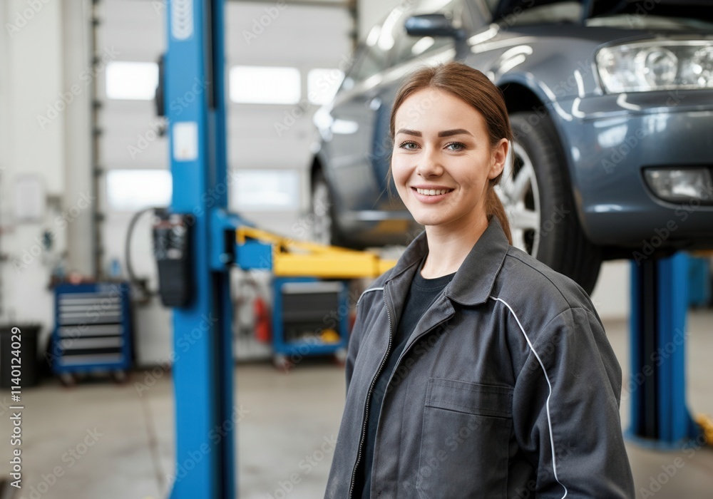 Portrait of a smiling female mechanic in a professional auto repair shop with a car lifted on a hydraulic lift Portrait of a smiling female mechanic in a professional auto repair shop with a car lifted on a hydraulic lift