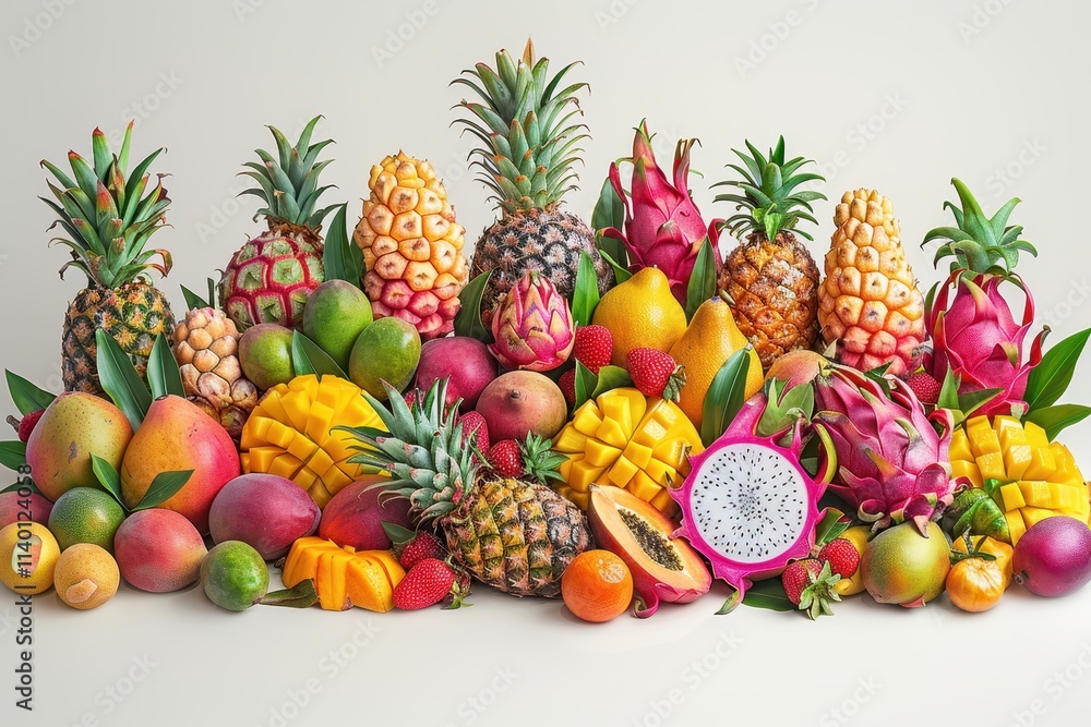 A vibrant arrangement of various tropical fruits on a light background. A vibrant arrangement of various tropical fruits on a light background.