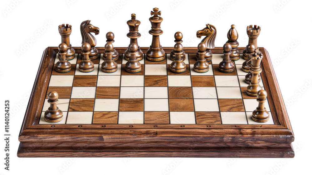 Intricate wooden chess pieces poised for a strategic game on a classic checkered board Intricate wooden chess pieces poised for a strategic game on a classic checkered board