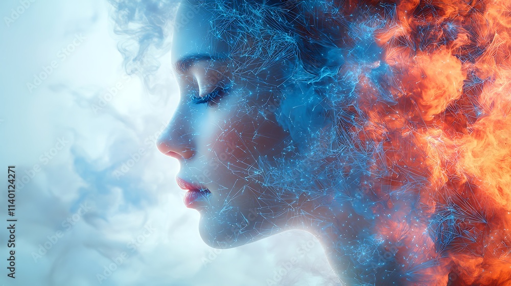 Double exposure of bright white clean background, ai technology, blue, magenta, woman and man, traces. Double exposure of bright white clean background, ai technology, blue, magenta, woman and man, traces.