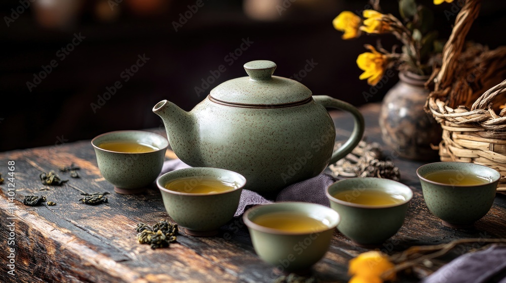 Green teapot and cups steaming on rustic wooden table with dried flowers Green teapot and cups steaming on rustic wooden table with dried flowers