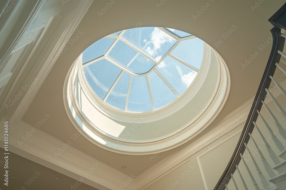 Fototapeta premium Circular skylight, ornate molding, elegant staircase.