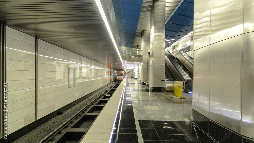Interior of a modern subway station with trains timelapse hyperlapse Interior of a modern subway station with trains timelapse hyperlapse
